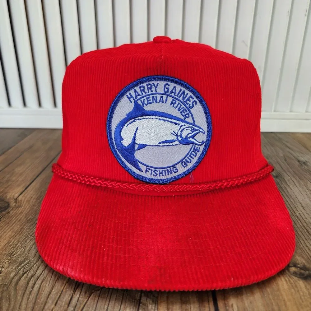 VTG Harry Gaines Kenai River Fishing Guide Patch Strapback Hat Red Corduroy Rope